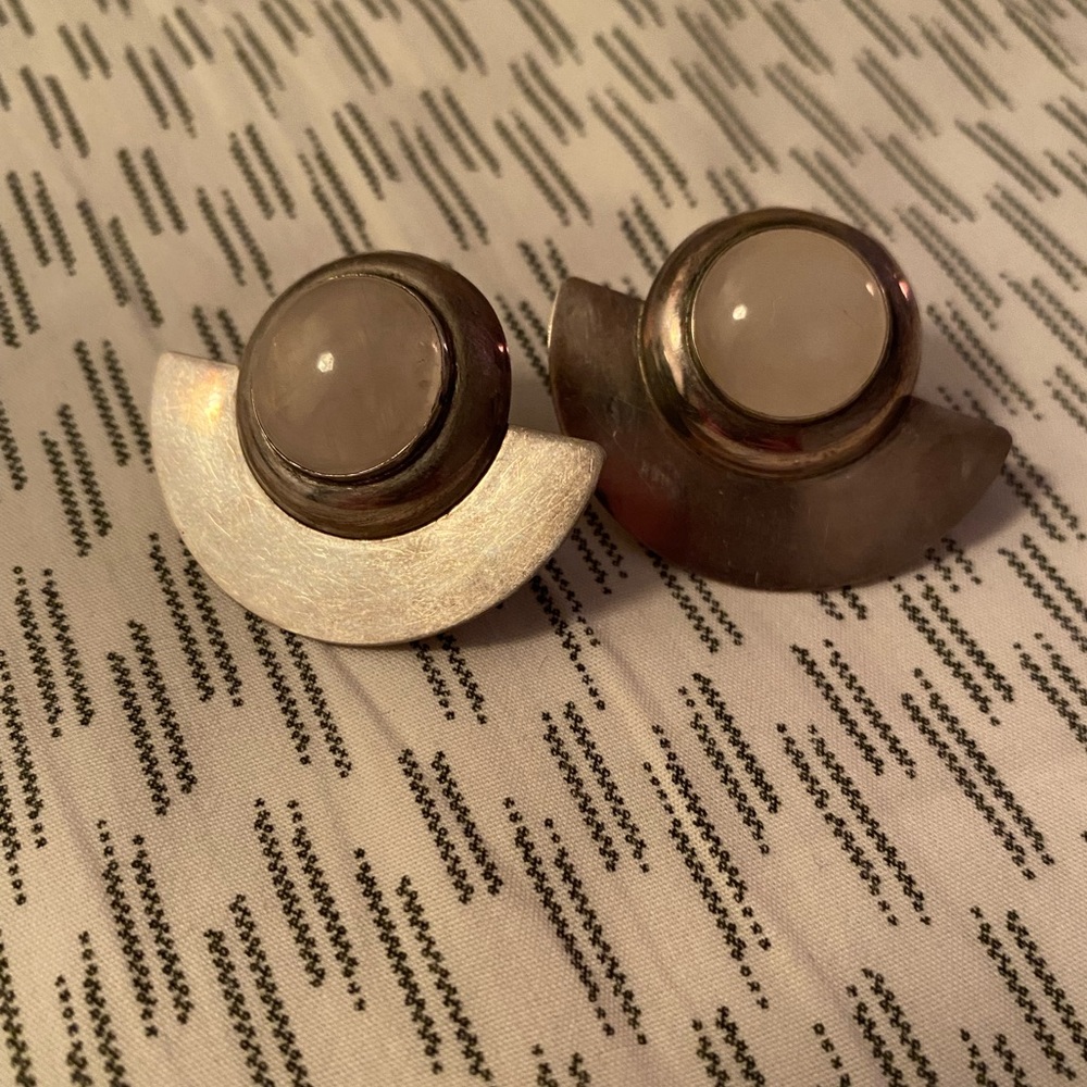 Silver & rose quartz Art Deco earrings